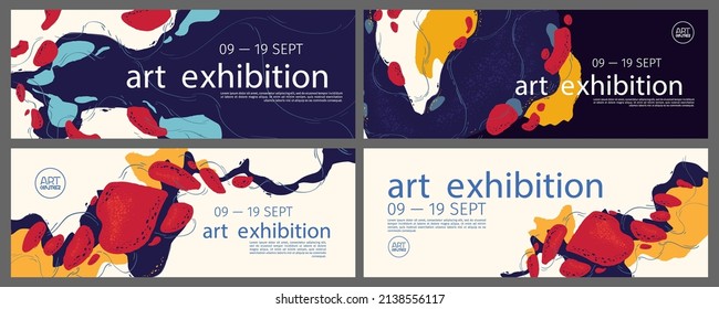Art exhibition banners set, invitation to modern exposition. Abstract background with colorful painting stains or grunge elements. Modern paint, acrylic design, invite in art deco style, Vector flyers