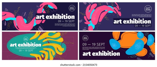 Art Exhibition Banners Set, Invitation To Modern Exposition. Abstract Background, Modern Acrylic Paints Design, Invite In Art Deco Style With Colorful Painting Stains Or Grunge Elements, Vector Flyers