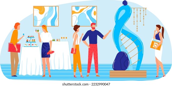 Art exhibition with buffet, painting gallery interior vector illustration. Person character near table eat snack, food at flat party.