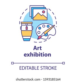 Art exhibition concept icon. Drawing and paintings exposition. Cultural piece. Artwork showcase. Gallery exposition idea thin line illustration. Vector isolated outline drawing. Editable stroke