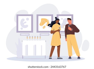 Art exhibition concept. Man and woman near pictures. Citizens with cultural rest and leisure. Visitors and people in miseum and gallery. Cartoon flat vector illustration isolated on white background