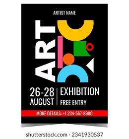 Art exhibition design template with colourful abstract geometric shapes on the background. Banner, poster, leaflet or flyer for culture event, painting and photos exposition by famous artists.