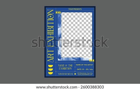 Art Exhibition Flyer. Creative exhibition flyer or poster concepts with abstract geometric shapes and human silhouettes on bright gradient background. Vector illustration