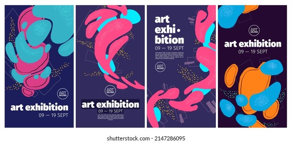 Art exhibition flyers with abstract painting on background. Vector vertical banners of modern gallery with creative artwork with hand drawn fluid shapes and grunge texture
