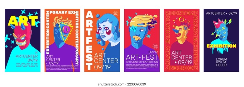 Art exhibition flyers with contemporary portraits, abstract faces modern illustration. Vector templates design for art center or festival event. Cartoon creative graphics with surreal characters, set