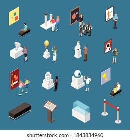Art exhibition isometric set of guide conducting school tour and visitors looking pictures and exhibits vector illustration