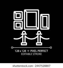 Art exhibition pixel perfect white linear icon for dark theme. Cultural recreation. Painting gallery exposition. Artistic works. Thin line illustration. Isolated symbol for night mode. Editable stroke