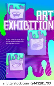 Art exhibition poster. Modern futuristic flyer with famous David sculpture elements, acid stains and inscription. Cover in trendy retro style. Invitation to gallery. Cartoon flat vector illustration