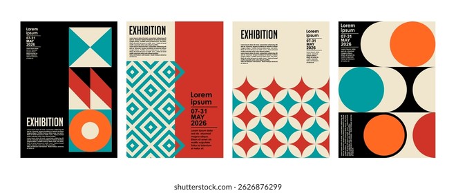 Art exhibition posters with abstract painting design. Vector vertical banners, invitation flyers to museum or gallery with trendy creative background with colorful patern blobs and drawn shapes.