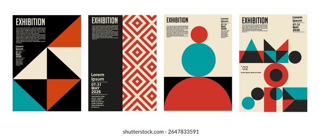 Art exhibition posters with abstract painting design. Vector vertical banners, invitation flyers to museum or gallery with trendy creative background with colorful patern blobs and drawn shapes.