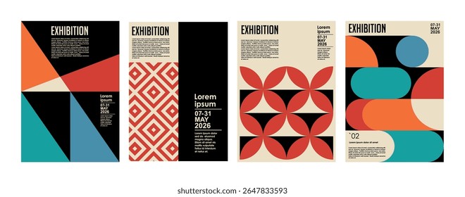 Art exhibition posters with abstract painting design. Vector vertical banners, invitation flyers to museum or gallery with trendy creative background with colorful patern blobs and drawn shapes.