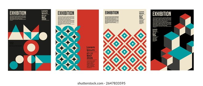 Art exhibition posters with abstract painting design. Vector vertical banners, invitation flyers to museum or gallery with trendy creative background with colorful patern blobs and drawn shapes.