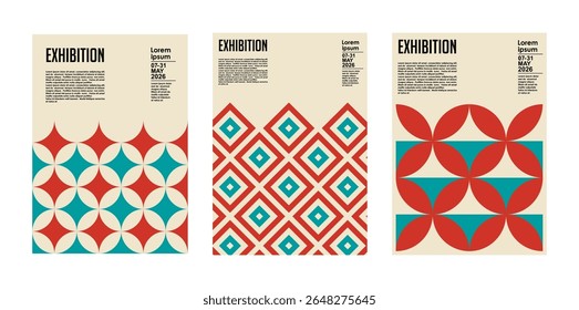 Art exhibition posters with abstract painting design. Vector vertical banners, invitation flyers to museum or gallery with trendy creative background with colorful patern blobs and drawn shapes.