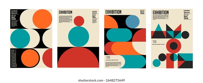 Art exhibition posters with abstract painting design. Vector vertical banners, invitation flyers to museum or gallery with trendy creative background with colorful patern blobs and drawn shapes.