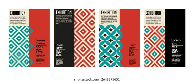 Art exhibition posters with abstract painting design. Vector vertical banners, invitation flyers to museum or gallery with trendy creative background with colorful patern blobs and drawn shapes.