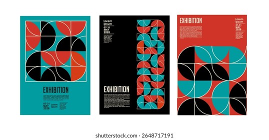 Art exhibition posters with abstract painting design. Vector vertical banners, invitation flyers to museum or gallery with trendy creative background with colorful patern blobs and drawn shapes.