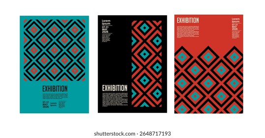 Art exhibition posters with abstract painting design. Vector vertical banners, invitation flyers to museum or gallery with trendy creative background with colorful patern blobs and drawn shapes.