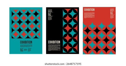 Art exhibition posters with abstract painting design. Vector vertical banners, invitation flyers to museum or gallery with trendy creative background with colorful patern blobs and drawn shapes.