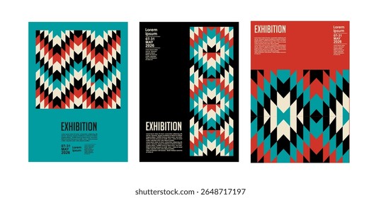 Art exhibition posters with abstract painting design. Vector vertical banners, invitation flyers to museum or gallery with trendy creative background with colorful patern blobs and drawn shapes.