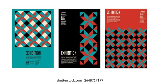 Art exhibition posters with abstract painting design. Vector vertical banners, invitation flyers to museum or gallery with trendy creative background with colorful patern blobs and drawn shapes.