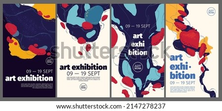 Art exhibition posters with abstract painting design. Vector vertical banners, invitation flyers to museum or gallery with trendy creative background with colorful paint blobs and hand drawn shapes