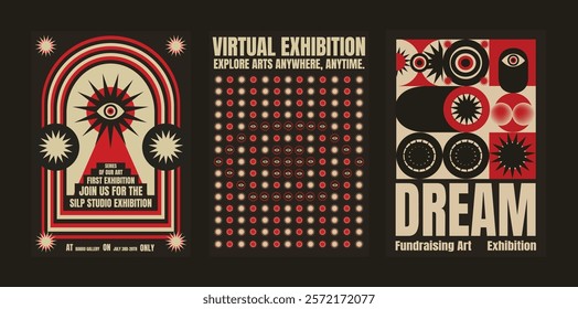 Art exhibition posters with bold, abstract designs. Virtual exhibition theme. Eye motifs and geometric patterns. Art, exhibition, and design elements. Psychedelic retro poster template vectors.