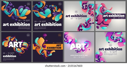 Art exhibition posters with creative pattern of glossy fluid shapes. Vector template for social media in dark and light theme. Square banners of modern gallery or art center