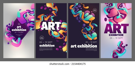 Art Exhibition Posters, Invitation To Modern Exposition. Abstract Background, Modern Acrylic Paints Design, Invite In Art Deco Style With Colorful 3d Liquid Glossy Painting Stains, Vector Flyers Set