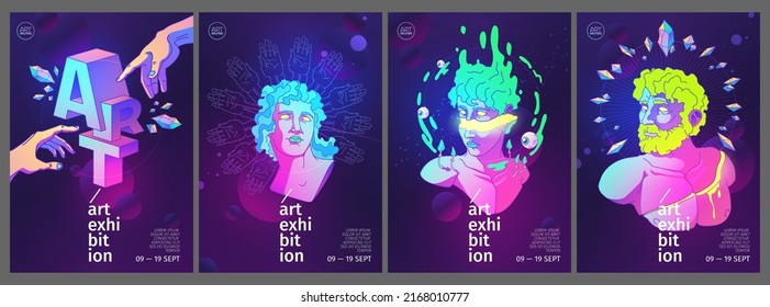 Art Exhibition Posters With Retro Acid Design Illustrations. Vector Invitation Flyers To Museum Or Gallery With Trendy Contemporary Background With Abstract Antique Sculpture, Crystals And Eye Ball