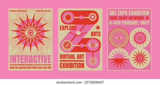 Art exhibition posters in vibrant pink and red. Interactive art, virtual art. Eye-catching designs for psychedelic retro art.