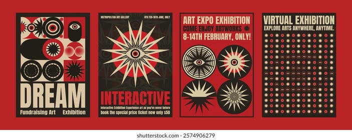 Art exhibition psychedelic posters with bold, interactive designs. Interactive, and virtual themes. Eye-catching graphics. Exhibition and art focus. Psychedelic retro poster template vectors.