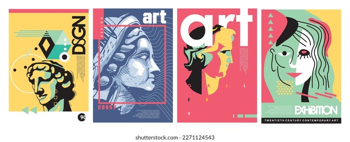 Art exhibition set of creative brochure covers and posters. Roman and Greek antique statues vector illustrations. Gallery and museum advertisement graphics.