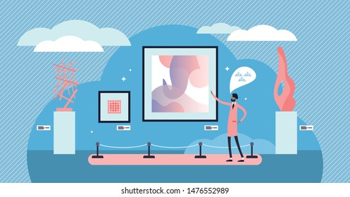 Art exhibition vector illustration. Flat tiny culture view persons concept. Artist performance presentation in modern gallery with urban and modern decoration style. Culture paint museum show room.