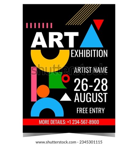 Art exhibition vector illustration for museum exposition, photo and painting gallery, contemporary culture show, fair and festival. Art exhibition poster with colourful abstract geometric elements.