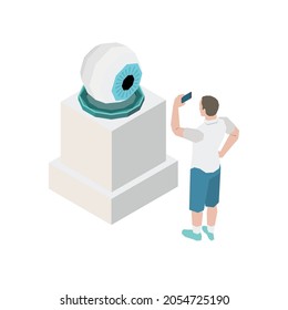 Art Exhibition Visitor Taking Photo Of Big Human Eye Sculpture Isometric Vector Illustration