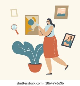 Art Expertise Concept. Museum Expert Female Character in Gloves Carry Picture, Exhibit Showpiece Professional Examination, Cultural Artwork Object, Masterpiece Examination. Linear Vector Illustration