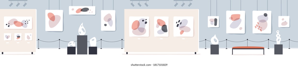 Art exposition. Museum gallery with abstract modern artworks and sculptures. Empty expo interior with trendy exhibits vector illustration. Contemporary pastel paintings hanging on wall