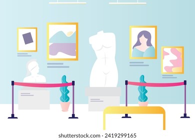 Art exposition. No people. Museum gallery with abstract modern artworks and sculptures. Empty expo interior with trendy exhibits. Contemporary paintings hanging on wall. flat vector illustration