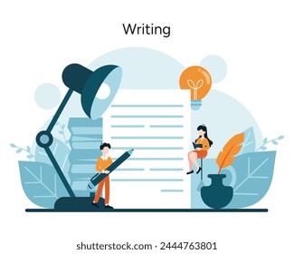 The Art of Expression concept. A creative burst illuminates the writer path. Thoughts flow into words under the writer pen. Literature comes alive on the paper canvas. Vector illustration