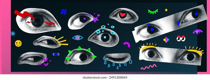 Art eyes sticker vector illustration. Retro halftone texture eye collage with cartoon elements. Different emotion happy, tear, fear, love, surprise. Contemporary trendy template design.