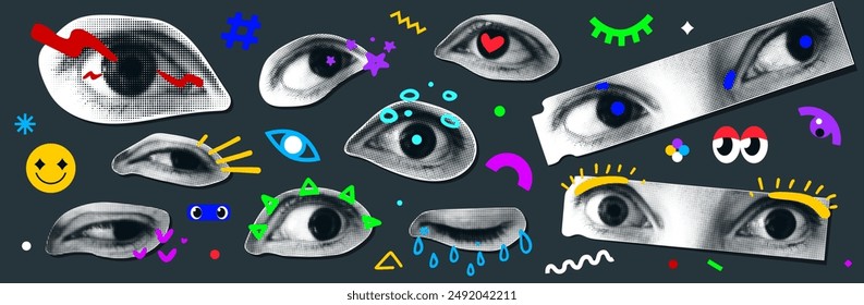 Art eyes sticker vector illustration. Retro halftone texture eye collage with cartoon elements. Different emotion happy, tear, fear, love, surprise. Contemporary trendy template design.