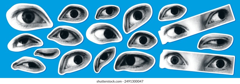 Art eyes stickers vector illustration. Retro halftone texture eye collage. Different emotion happy, tear, fear, love, surprise. Contemporary trendy template design.