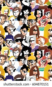 Art faces crowd people seamless pattern.