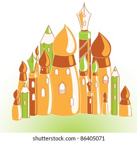 Art fairy city with paint tool: brush; pen and pencil