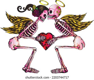 Art fantasy couple in love angel skulls.Hand drawing and make graphic vector