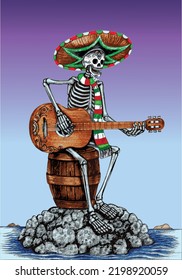 Art fantasy mexican skull playing guitar on an island. Hand drawing and make graphic vector.