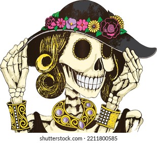 Art fashion model skull. Hand drawing and make graphic vector.