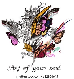 Art feather vector background with colorful butterfly wings and spots