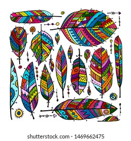 Art feathers collection, ornate sketch for your design