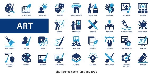 Art flat icons set. Painting, artist, literature, music, architecture, design, old master, artistic, exhibition icons and more signs. Flat icon collection.